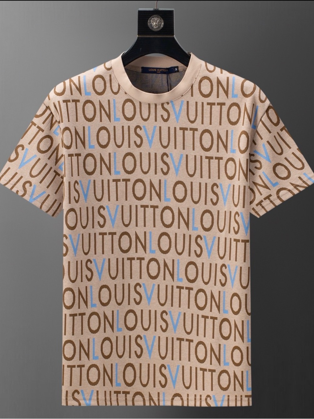 Louis Vuitton Beige Logo-Print Short Sleeve T-Shirt with Blue Accents